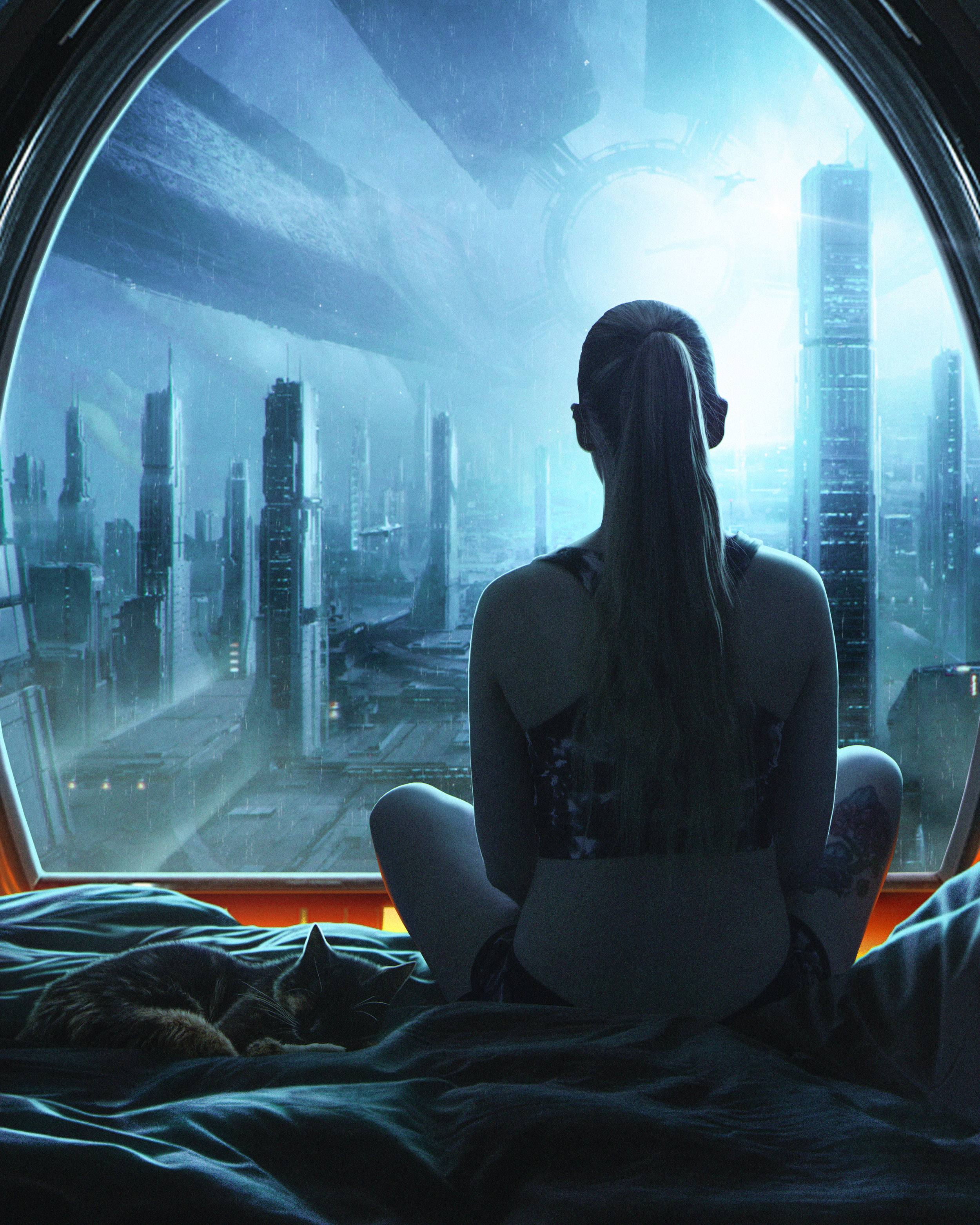 The girl looks to the future