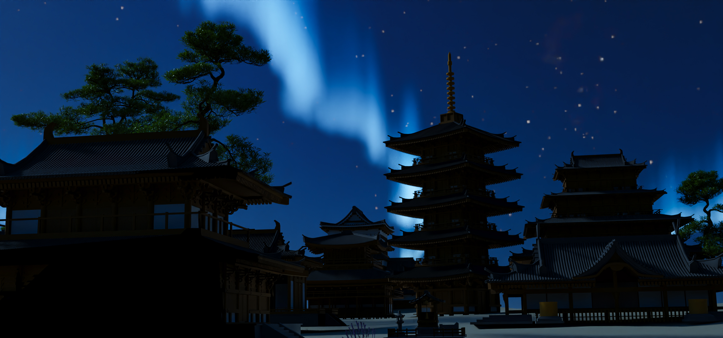 A Japanese Village with Aurora Lights