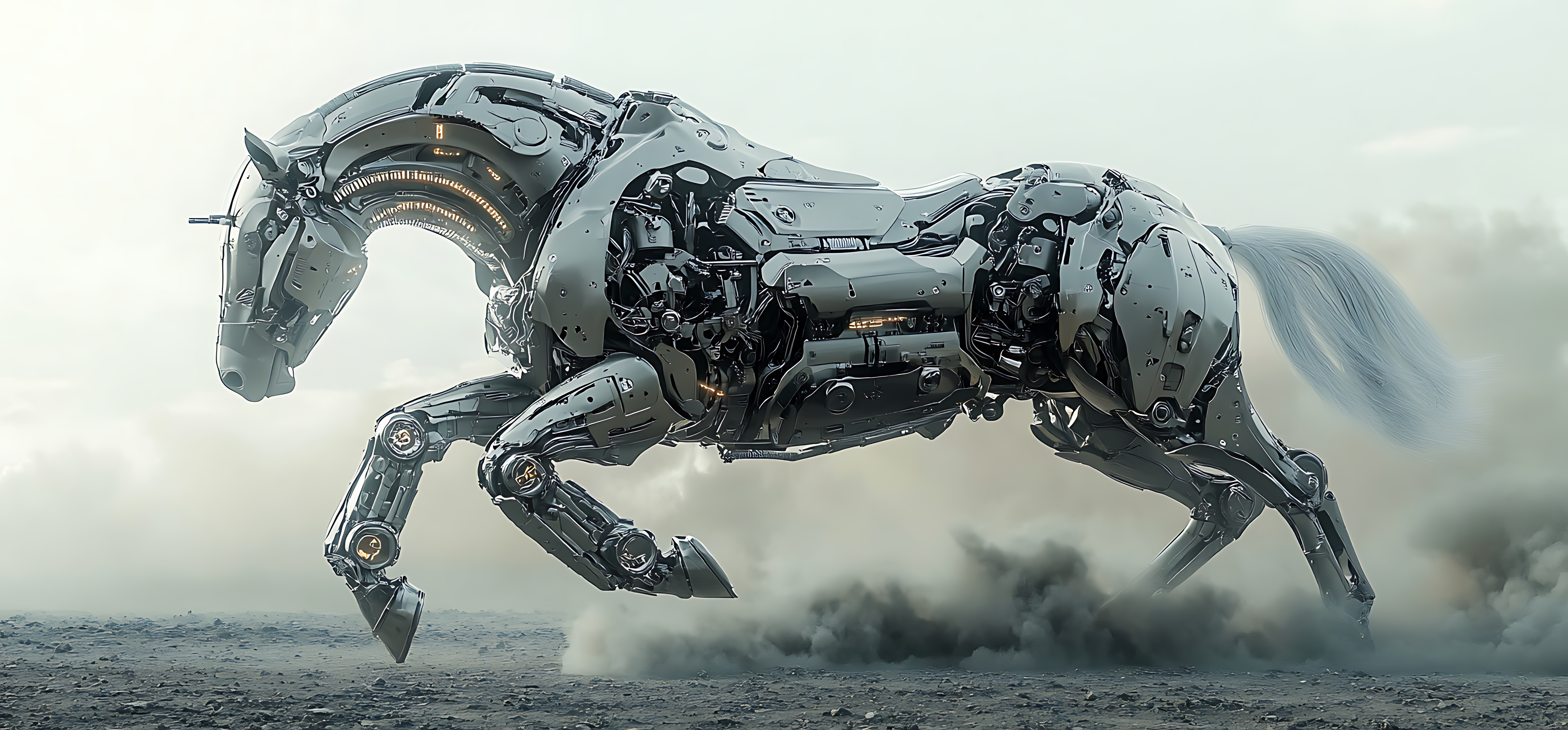 A robotic horse with a mechanical body gallops across a dusty landscape, leaving a cloud of dust in its wake